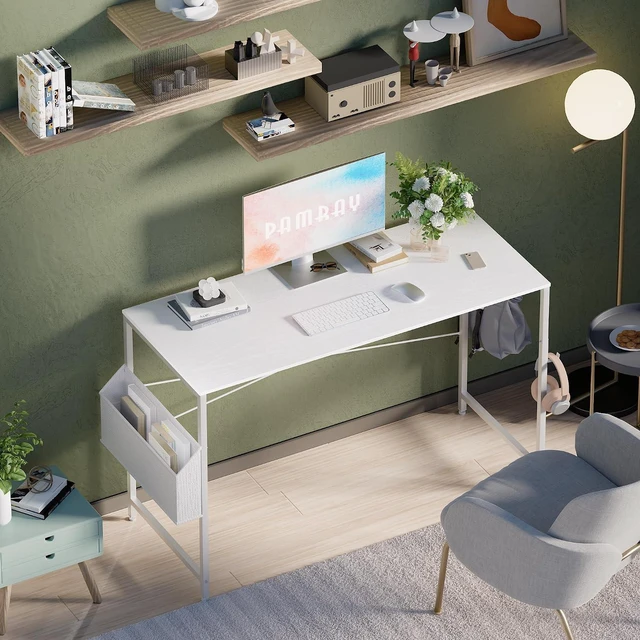 Alt view image 2 of 6 - Pamray 47 Inch Computer Desk for Small Spaces with Storage Bag, Home Office Work Desk with Headphone Hook, Small Office Desk Study Writing Table