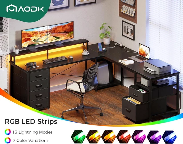 Alt view image 6 of 7 - AODK 66" L Shaped Computer Desk, 113 Reversible Home Office Desk with File Cabinet & 4 Fabric Drawers, Two Person Desk with LED Lights & Power Outlet, Corner Gaming Desk with Monitor Shelf, Black