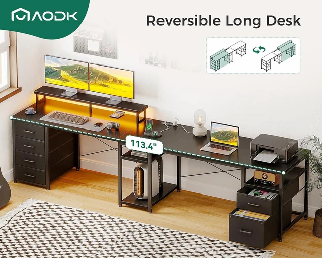 Alt view image 7 of 7 - AODK 66" L Shaped Computer Desk, 113 Reversible Home Office Desk with File Cabinet & 4 Fabric Drawers, Two Person Desk with LED Lights & Power Outlet, Corner Gaming Desk with Monitor Shelf, Black