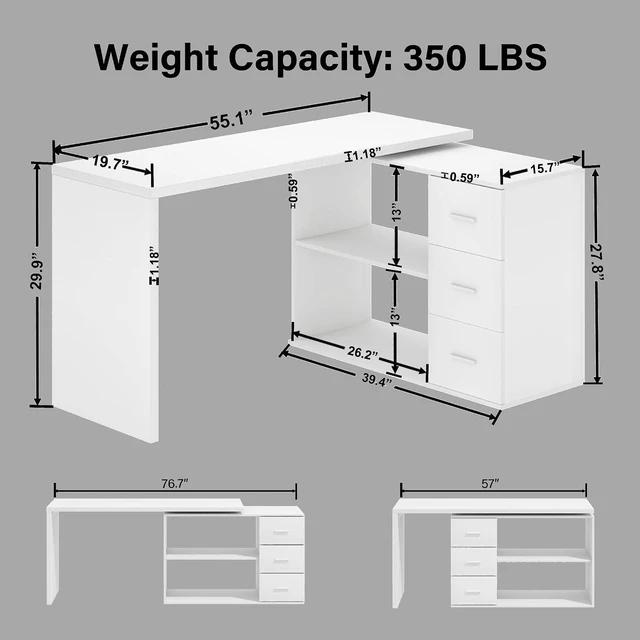 Alt view image 2 of 7 - HSH 55-76 Inch White Morden L Shaped Desk,Corner Desk with Storage Drawers