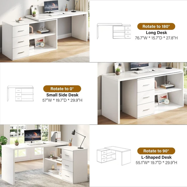Alt view image 4 of 7 - HSH 55-76 Inch White Morden L Shaped Desk,Corner Desk with Storage Drawers