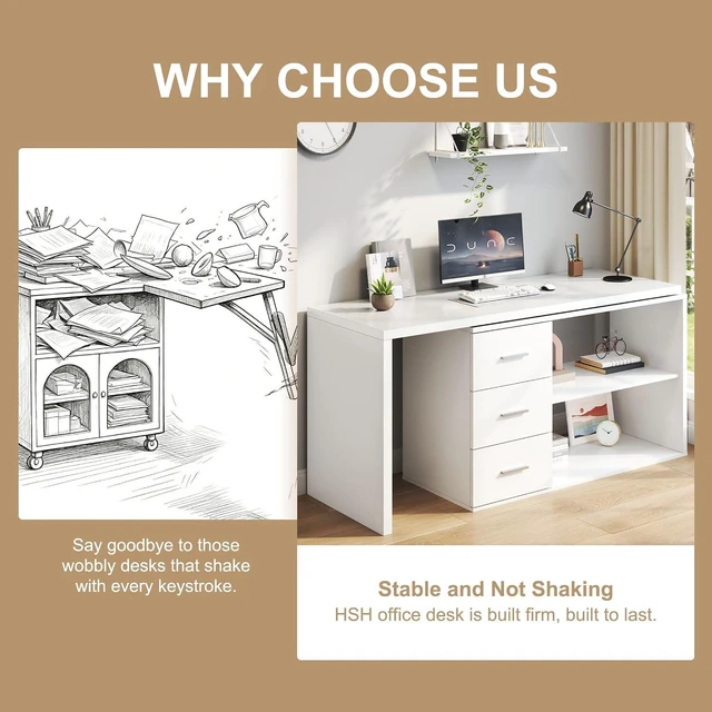 Alt view image 7 of 7 - HSH 55-76 Inch White Morden L Shaped Desk,Corner Desk with Storage Drawers