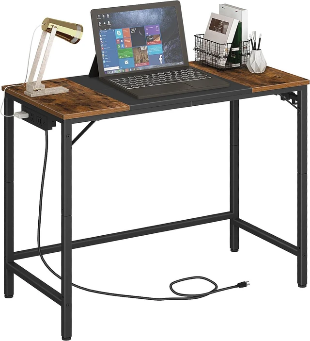 Main image of HOOBRO Computer Desk, 31.5 Inch Small Desk with Power Outlet, Writing Table with USB Charging Ports and 3 Hooks for Home Office, Study Room, Bedroom, Easy to Assemble, Rustic Brown and Black BF40UDN01