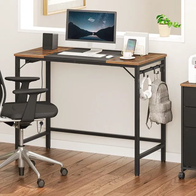 Alt view image 2 of 7 - HOOBRO Computer Desk, 31.5 Inch Small Desk with Power Outlet, Writing Table with USB Charging Ports and 3 Hooks for Home Office, Study Room, Bedroom, Easy to Assemble, Rustic Brown and Black BF40UDN01