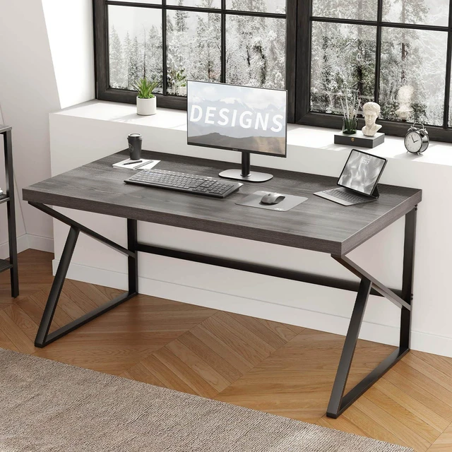 Main image of HSH Industrial Home Office Desk, Metal and Wood Computer Desk Grey 55 Inch