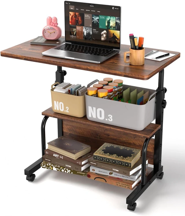 Main image of QZMDSM Portable Rolling Desk on Wheels Adjustable Height Desks for Small Spaces, 32" Computer Desk Drafting Tables with Storage Shelves for Home Office Rustic