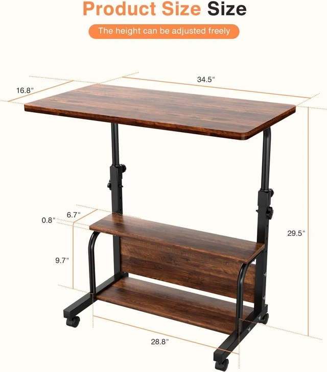 Alt view image 3 of 7 - QZMDSM Portable Rolling Desk on Wheels Adjustable Height Desks for Small Spaces, 32" Computer Desk Drafting Tables with Storage Shelves for Home Office Rustic