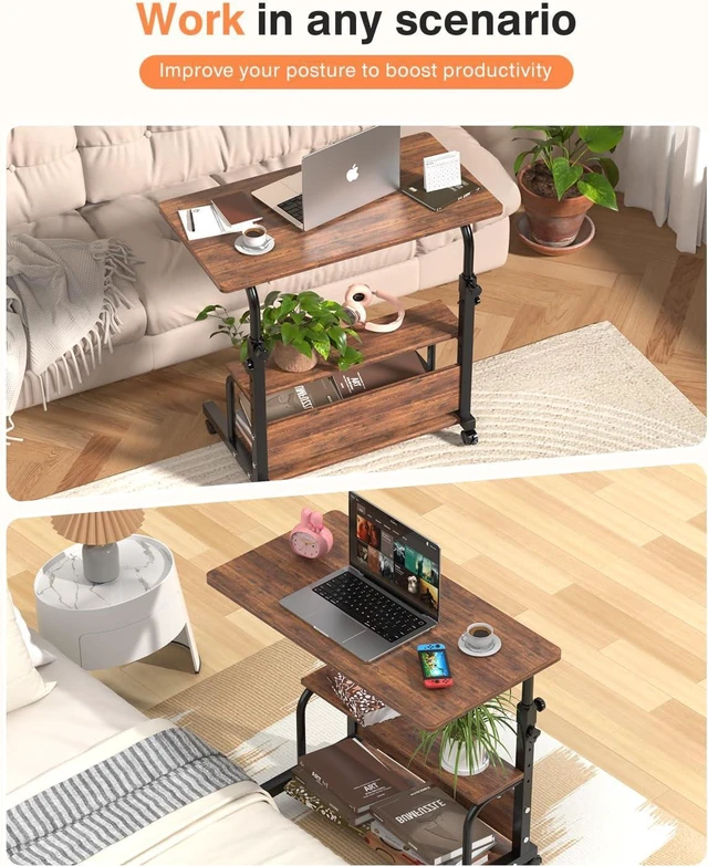Alt view image 4 of 7 - QZMDSM Portable Rolling Desk on Wheels Adjustable Height Desks for Small Spaces, 32" Computer Desk Drafting Tables with Storage Shelves for Home Office Rustic