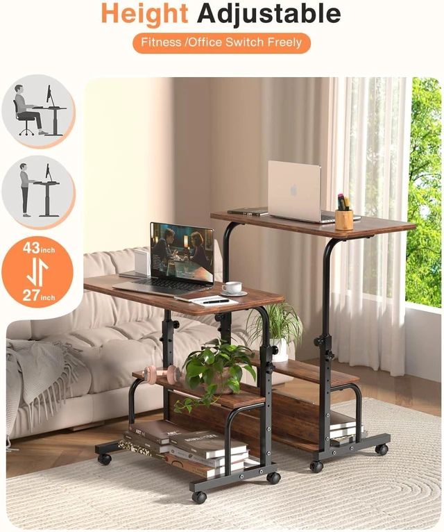 Alt view image 6 of 7 - QZMDSM Portable Rolling Desk on Wheels Adjustable Height Desks for Small Spaces, 32" Computer Desk Drafting Tables with Storage Shelves for Home Office Rustic