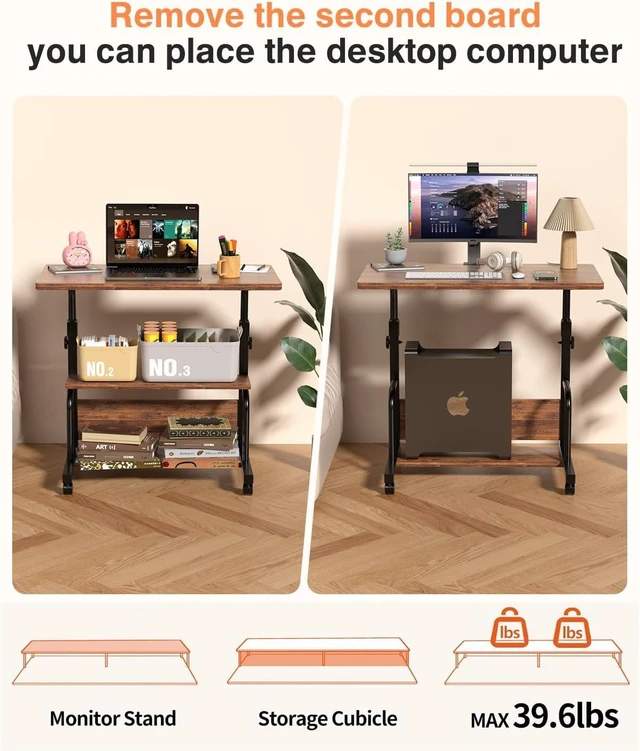 Alt view image 7 of 7 - QZMDSM Portable Rolling Desk on Wheels Adjustable Height Desks for Small Spaces, 32" Computer Desk Drafting Tables with Storage Shelves for Home Office Rustic