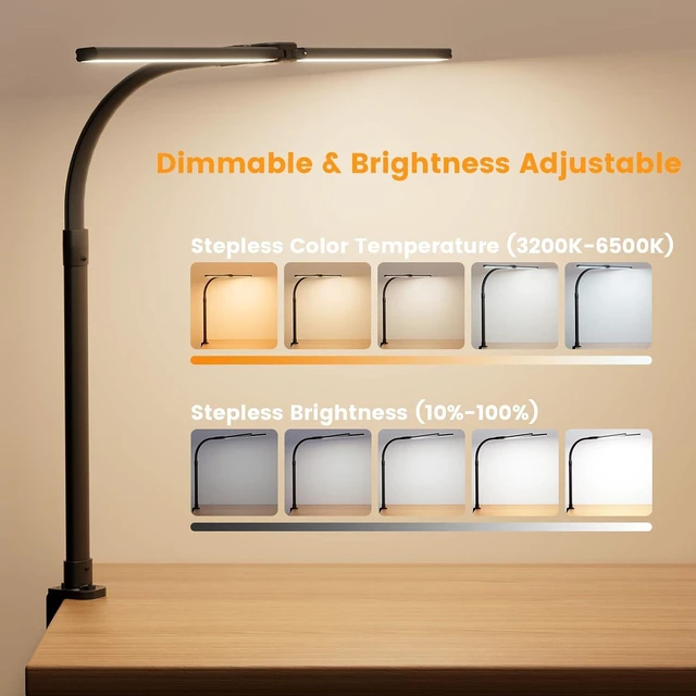 Alt view image 3 of 7 - LED Desk Lamp for Home Office, 24W Computer Desk Light with Remote Control, Bright Table Lamp with Clamp Dimmable Tall Desktop Lighting with Bendable Gooseneck, Double Head, Black