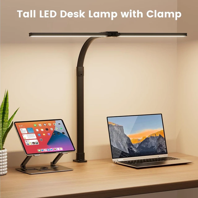 Alt view image 2 of 7 - LED Desk Lamp for Home Office, 24W Computer Desk Light with Remote Control, Bright Table Lamp with Clamp Dimmable Tall Desktop Lighting with Bendable Gooseneck, Double Head, Black