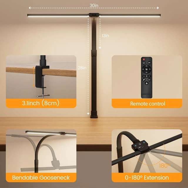 Alt view image 4 of 7 - LED Desk Lamp for Home Office, 24W Computer Desk Light with Remote Control, Bright Table Lamp with Clamp Dimmable Tall Desktop Lighting with Bendable Gooseneck, Double Head, Black