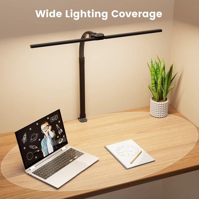 Alt view image 5 of 7 - LED Desk Lamp for Home Office, 24W Computer Desk Light with Remote Control, Bright Table Lamp with Clamp Dimmable Tall Desktop Lighting with Bendable Gooseneck, Double Head, Black