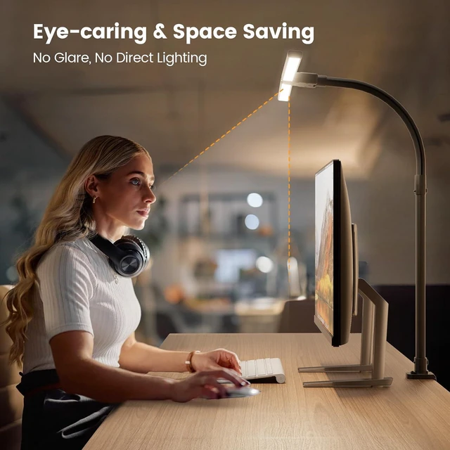 Alt view image 6 of 7 - LED Desk Lamp for Home Office, 24W Computer Desk Light with Remote Control, Bright Table Lamp with Clamp Dimmable Tall Desktop Lighting with Bendable Gooseneck, Double Head, Black