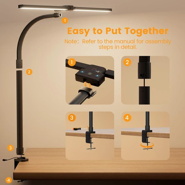 Alt view image 7 of 7 - LED Desk Lamp for Home Office, 24W Computer Desk Light with Remote Control, Bright Table Lamp with Clamp Dimmable Tall Desktop Lighting with Bendable Gooseneck, Double Head, Black