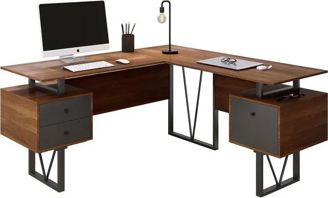 Main image of Techni Mobili Reversible L-Shaped Computer Desk with File Cabinet, Brown