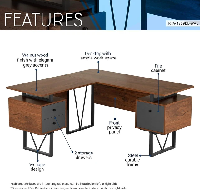 Alt view image 3 of 7 - Techni Mobili Reversible L-Shaped Computer Desk with File Cabinet, Brown