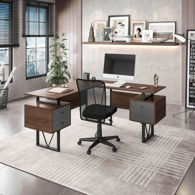 Alt view image 2 of 7 - Techni Mobili Reversible L-Shaped Computer Desk with File Cabinet, Brown