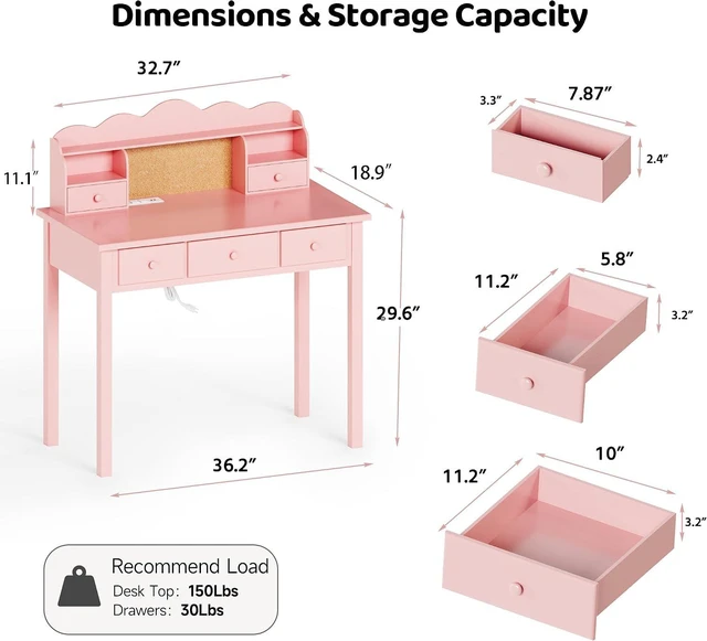 Alt view image 2 of 7 - Writing Desk With Hutch, 36 Inch Small Pink Desk for Girls, Pre-installed