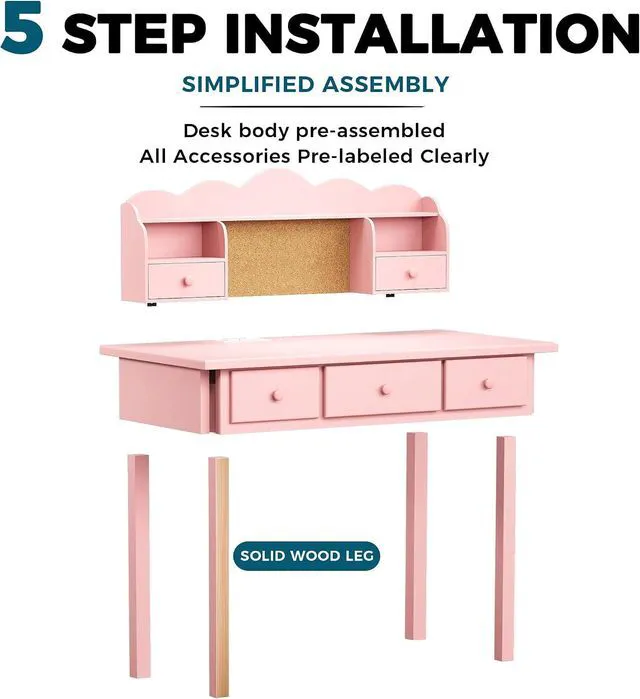 Alt view image 3 of 7 - Writing Desk With Hutch, 36 Inch Small Pink Desk for Girls, Pre-installed