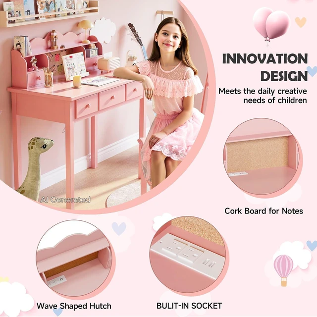 Alt view image 4 of 7 - Writing Desk With Hutch, 36 Inch Small Pink Desk for Girls, Pre-installed