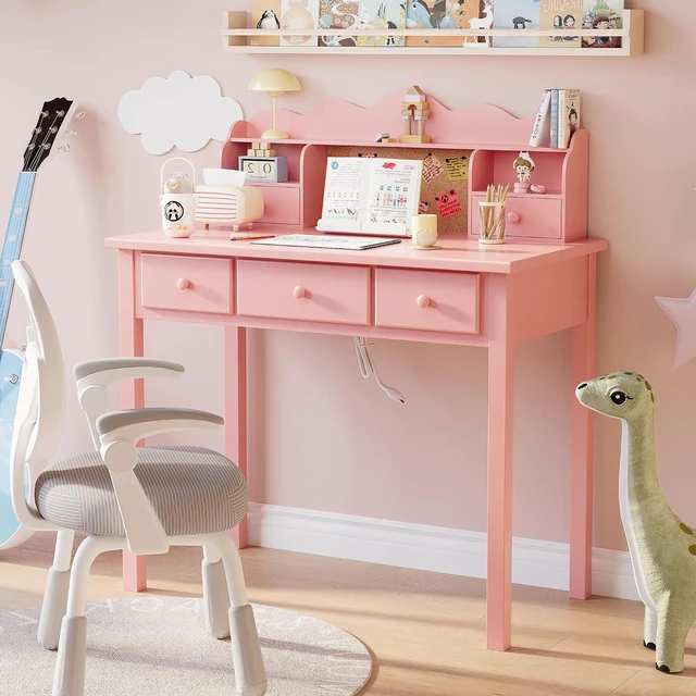 Alt view image 7 of 7 - Writing Desk With Hutch, 36 Inch Small Pink Desk for Girls, Pre-installed