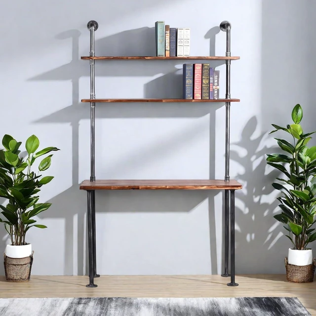 Alt view image 3 of 7 - Industrial Style Office Decor,Computer Desk 47.2"×20"×79" with 2-Tier Storage Pipe Shelves,Bookshelf Laptop Desk,Studying Writing Table Workstation with Hutch for Home Ofiice