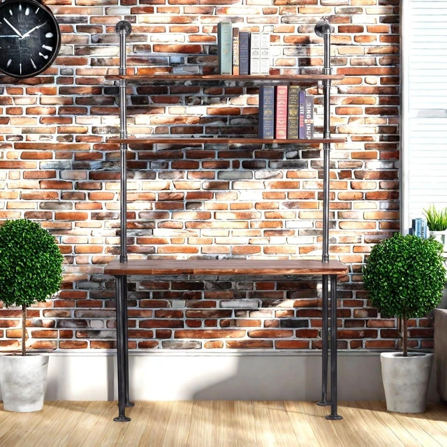Alt view image 5 of 7 - Industrial Style Office Decor,Computer Desk 47.2"×20"×79" with 2-Tier Storage Pipe Shelves,Bookshelf Laptop Desk,Studying Writing Table Workstation with Hutch for Home Ofiice