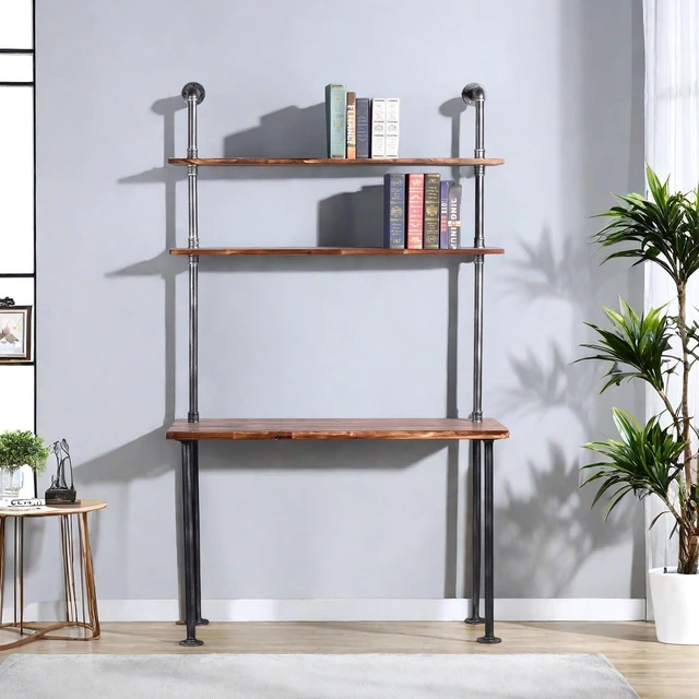 Alt view image 6 of 7 - Industrial Style Office Decor,Computer Desk 47.2"×20"×79" with 2-Tier Storage Pipe Shelves,Bookshelf Laptop Desk,Studying Writing Table Workstation with Hutch for Home Ofiice