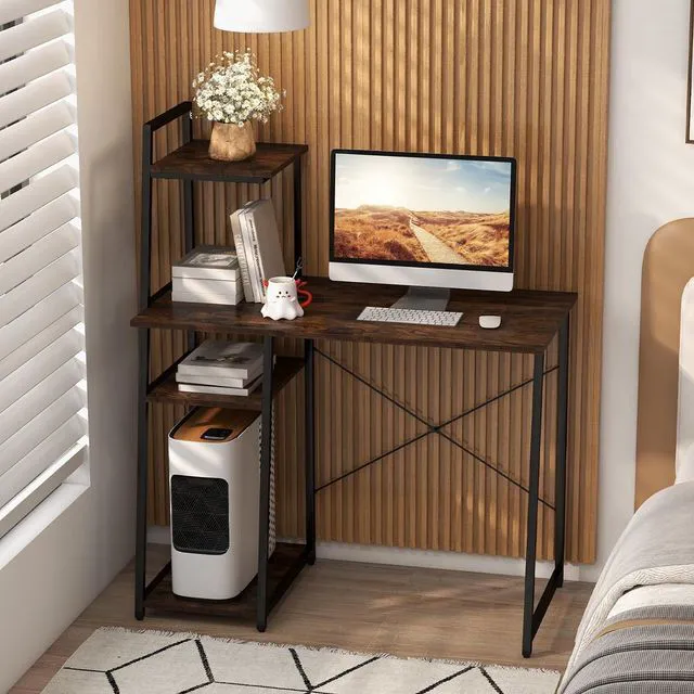 Alt view image 2 of 7 - COSTWAY Computer Desk with 4-Tier Storage Shelves, Home Office Desk Writing Table with Sturdy X-Shape Frame, Adjustable Foot Pads, Modern Simple Style Small Study Desk, Wide Tabletop (Brown and Black)