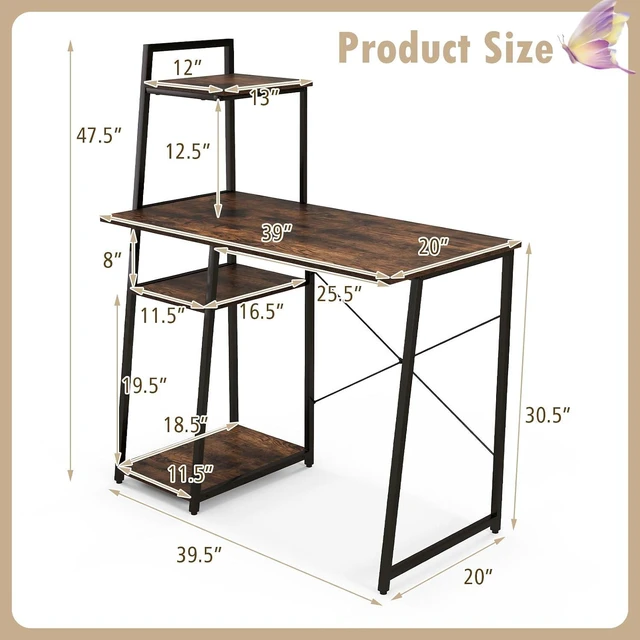 Alt view image 3 of 7 - COSTWAY Computer Desk with 4-Tier Storage Shelves, Home Office Desk Writing Table with Sturdy X-Shape Frame, Adjustable Foot Pads, Modern Simple Style Small Study Desk, Wide Tabletop (Brown and Black)