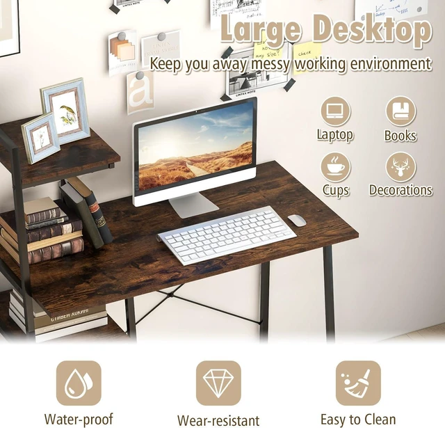 Alt view image 5 of 7 - COSTWAY Computer Desk with 4-Tier Storage Shelves, Home Office Desk Writing Table with Sturdy X-Shape Frame, Adjustable Foot Pads, Modern Simple Style Small Study Desk, Wide Tabletop (Brown and Black)