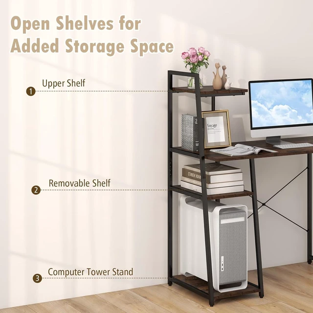 Alt view image 6 of 7 - COSTWAY Computer Desk with 4-Tier Storage Shelves, Home Office Desk Writing Table with Sturdy X-Shape Frame, Adjustable Foot Pads, Modern Simple Style Small Study Desk, Wide Tabletop (Brown and Black)