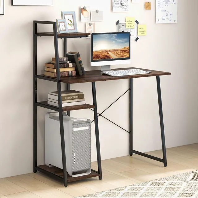 Alt view image 7 of 7 - COSTWAY Computer Desk with 4-Tier Storage Shelves, Home Office Desk Writing Table with Sturdy X-Shape Frame, Adjustable Foot Pads, Modern Simple Style Small Study Desk, Wide Tabletop (Brown and Black)