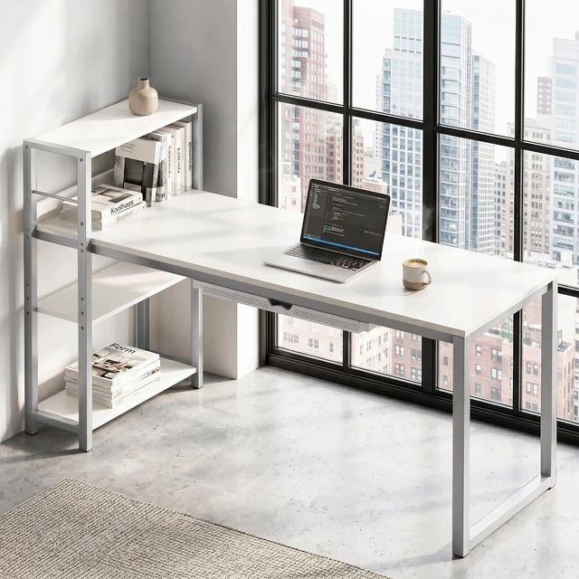 Alt view image 2 of 7 - SHW 46-Inch Home Office Computer Desk w/Side Shelf & Drawer, White