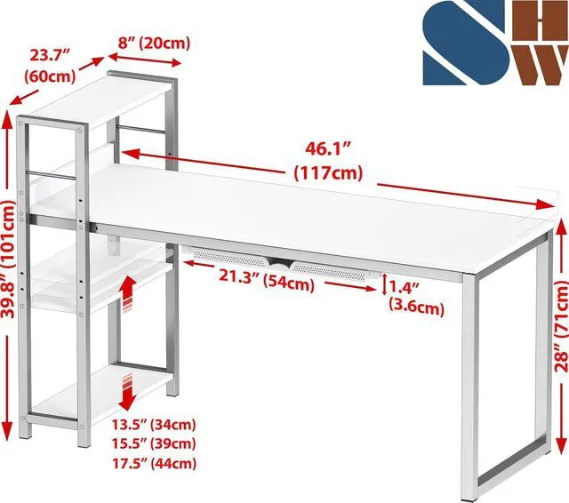 Alt view image 3 of 7 - SHW 46-Inch Home Office Computer Desk w/Side Shelf & Drawer, White