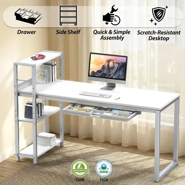 Alt view image 4 of 7 - SHW 46-Inch Home Office Computer Desk w/Side Shelf & Drawer, White