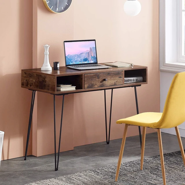Alt view image 7 of 7 - VECELO 39.3" Home Office Work Table with Drawers,Computer Desk with Hairpin Leg for Writing/Study,Retro Brown