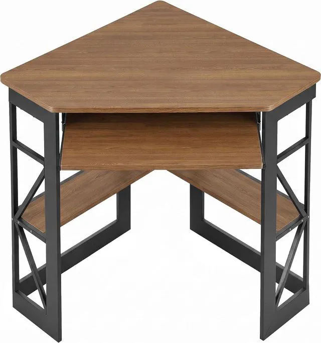 Main image of VECELO Corner Desk Computer Desk Writing Table with Smooth Keyboard Tray & Storage Shelves,Compact Home Office Triangle Table,Rustic Brown