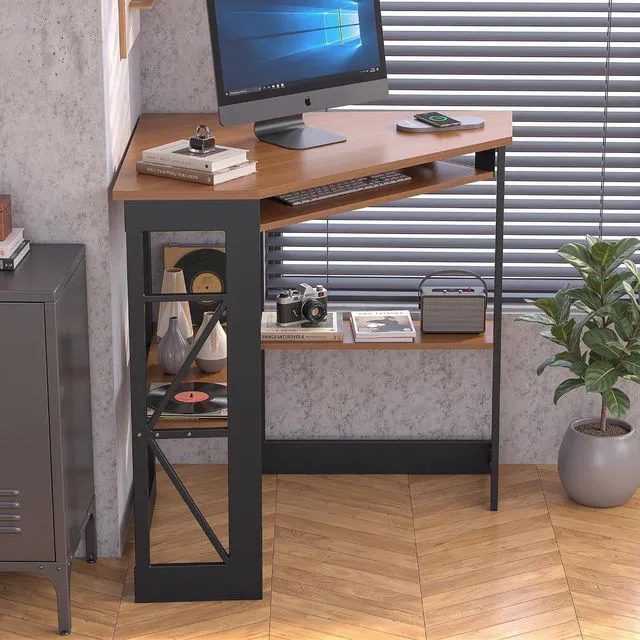 Alt view image 2 of 7 - VECELO Corner Desk Computer Desk Writing Table with Smooth Keyboard Tray & Storage Shelves,Compact Home Office Triangle Table,Rustic Brown