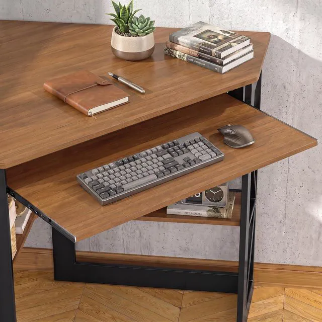 Alt view image 4 of 7 - VECELO Corner Desk Computer Desk Writing Table with Smooth Keyboard Tray & Storage Shelves,Compact Home Office Triangle Table,Rustic Brown