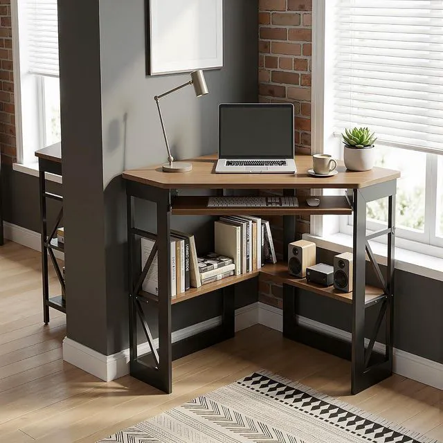 Alt view image 6 of 7 - VECELO Corner Desk Computer Desk Writing Table with Smooth Keyboard Tray & Storage Shelves,Compact Home Office Triangle Table,Rustic Brown