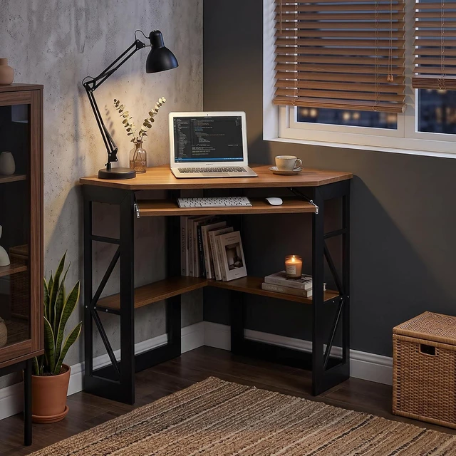 Alt view image 7 of 7 - VECELO Corner Desk Computer Desk Writing Table with Smooth Keyboard Tray & Storage Shelves,Compact Home Office Triangle Table,Rustic Brown