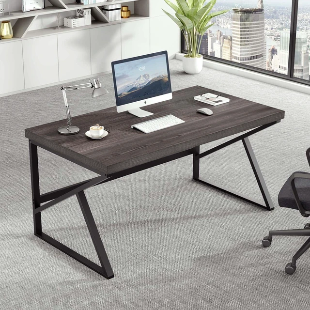 Alt view image 3 of 7 - HSH Industrial Home Office Desk, Metal and Wood Computer Desk Grey 55 Inch