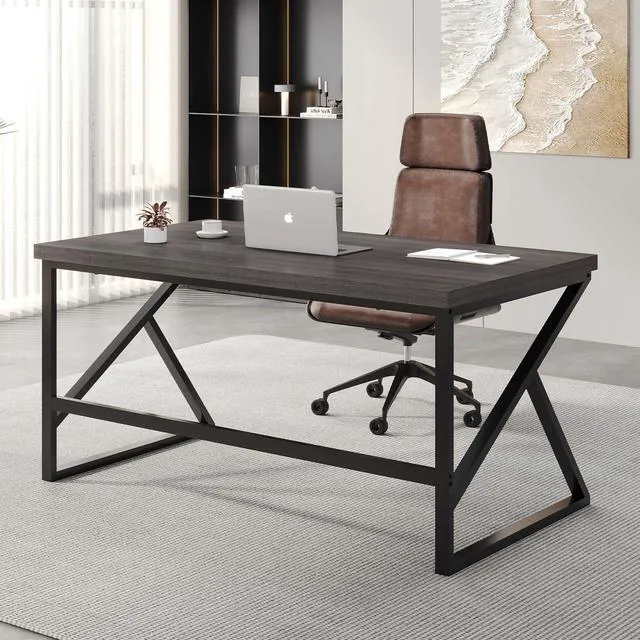 Alt view image 5 of 7 - HSH Industrial Home Office Desk, Metal and Wood Computer Desk Grey 55 Inch