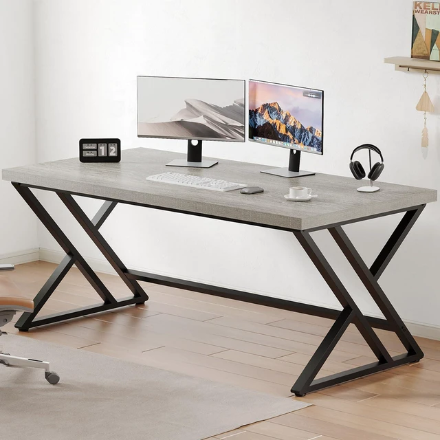 Main image of LVB 60 Inch Grey Modern Computer Office Desk Metal & Wood Writing Desks
