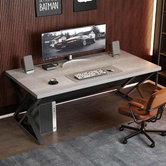 Alt view image 3 of 7 - LVB 60 Inch Grey Modern Computer Office Desk Metal & Wood Writing Desks