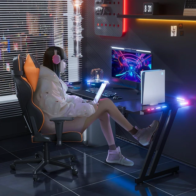 Alt view image 2 of 6 - HLDIRECT 63 Inch Gaming Desk Z Shaped Carbon Fiber Computer Desk with LED