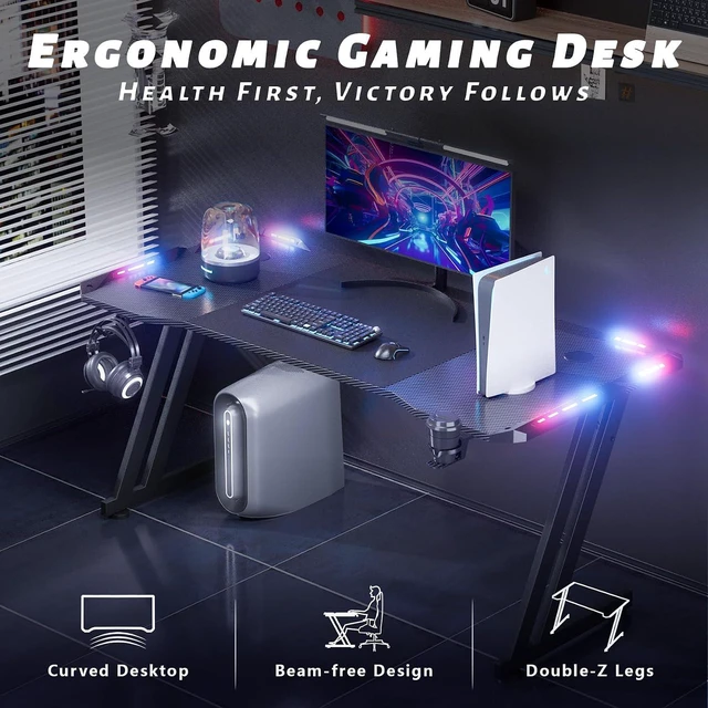 Alt view image 5 of 6 - HLDIRECT 63 Inch Gaming Desk Z Shaped Carbon Fiber Computer Desk with LED